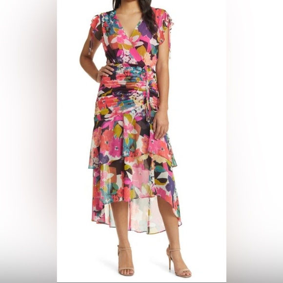Tahari ASL Floral Side Ruched Chiffon Midi Dress in Coral/Blue Multi Size - Picture 1 of 9